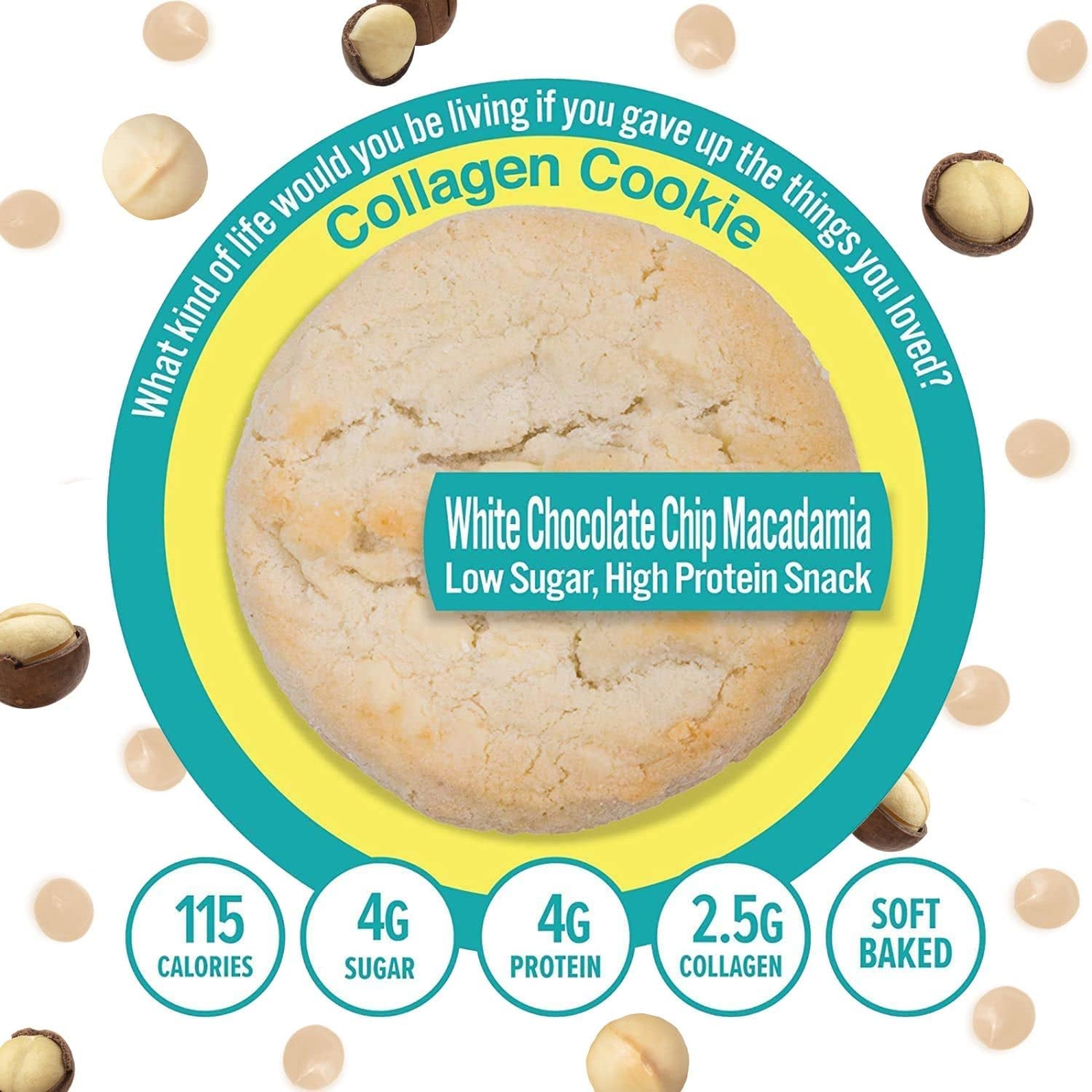 321Glo Collagen Cookies | Soft Baked, High Protein Cookies | Low Carb, Low Sugar | Keto Snack for Women, Men, & Kids | 6 Pack (White Chocolate Chip Macadamia)