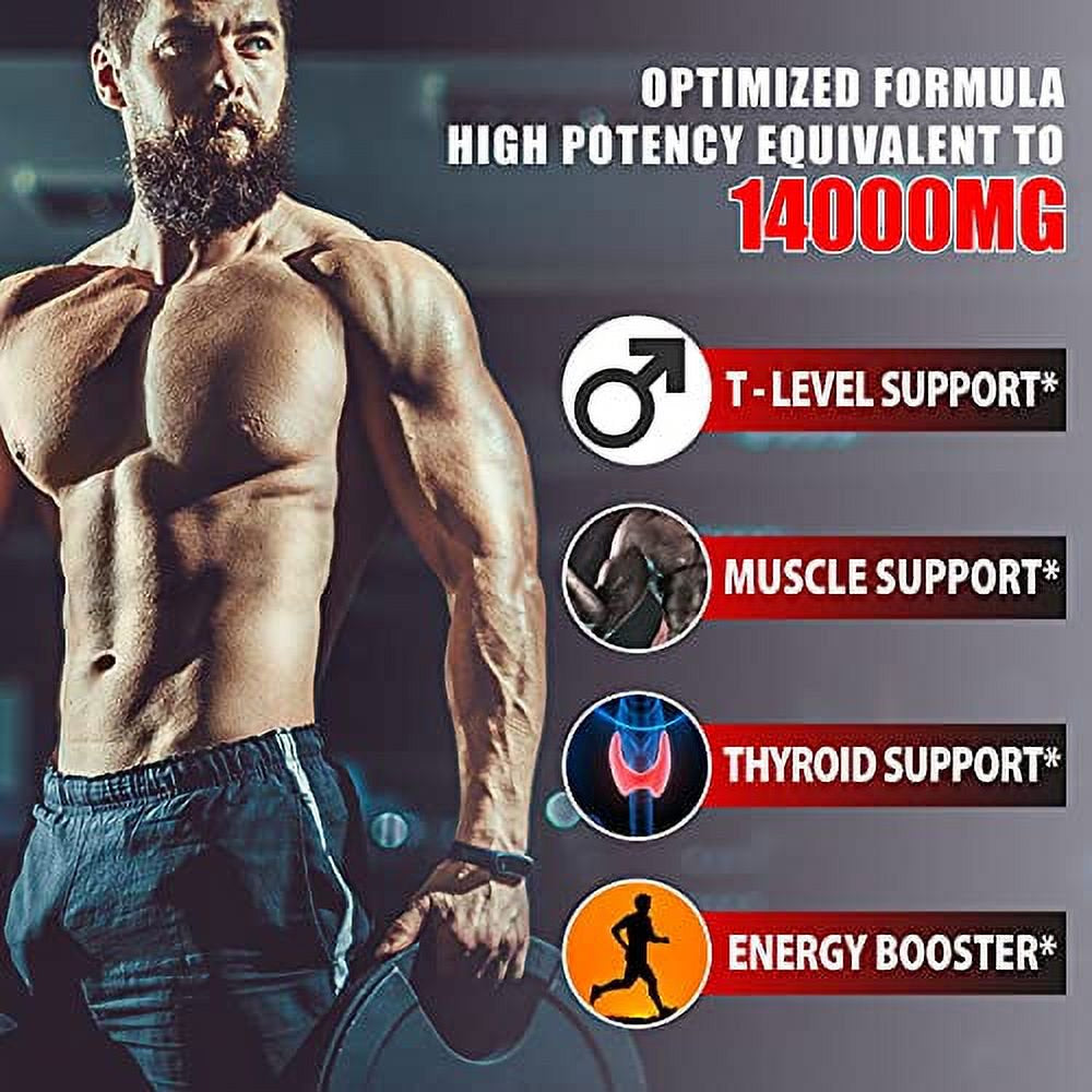 Ultimate T-Booster Supreme Supplement, 11 Concentrated Herbs Equivalent to 14000Mg Powder- Ashwagandha, Tribulus Terrestris, Ginseng Roots, and More - 60 Capsules - 1 Month Supply