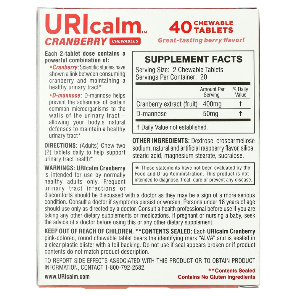 Uricalm Cranberry, Daily Dietary Supplement Chewable with D-Mannose, Berry Flavor, 40 Count