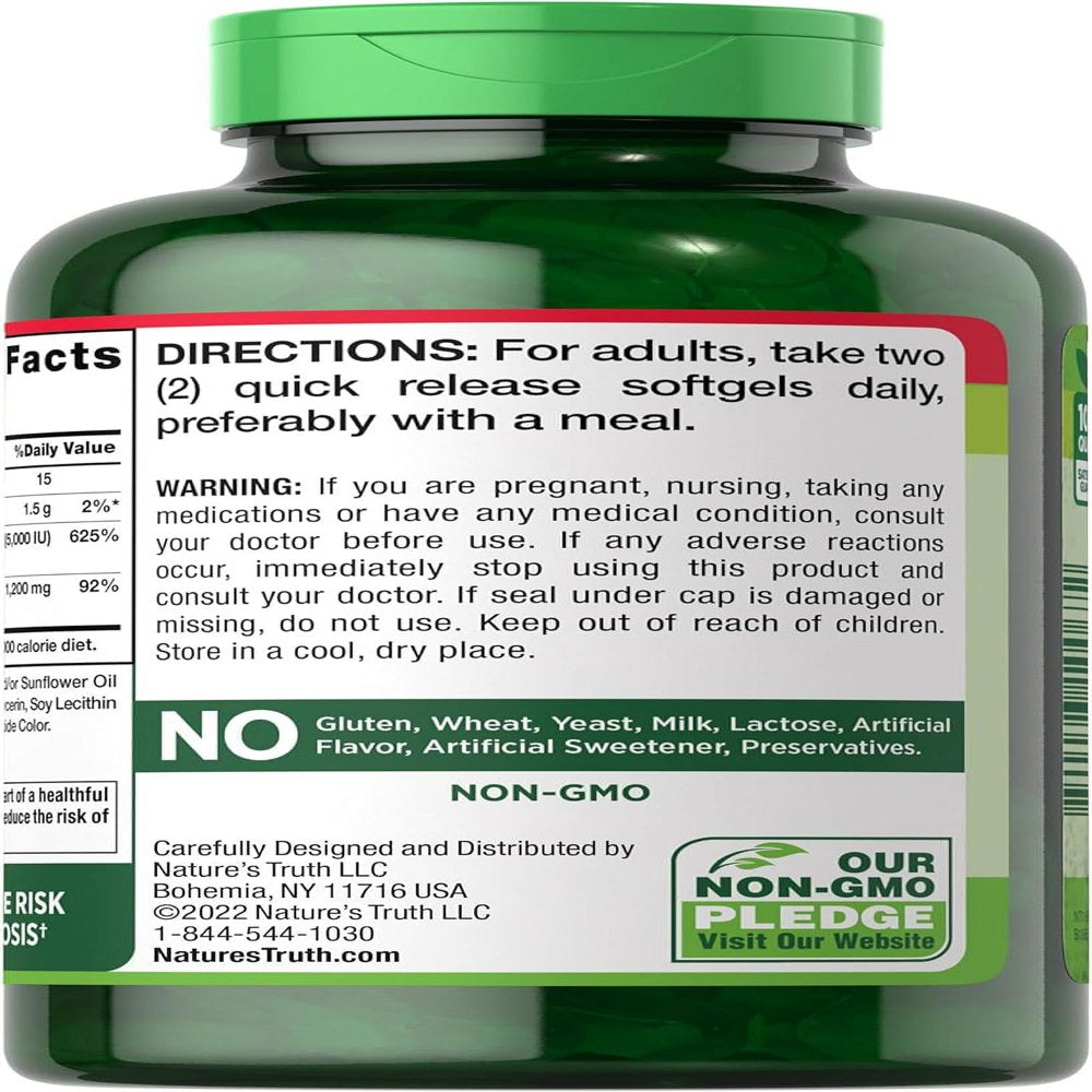 Absorbable Calcium 1200 Mg with Vitamin D3 5000 IU | 120 Softgels | Calcium Carbonate Supplement | Nature'S Truth