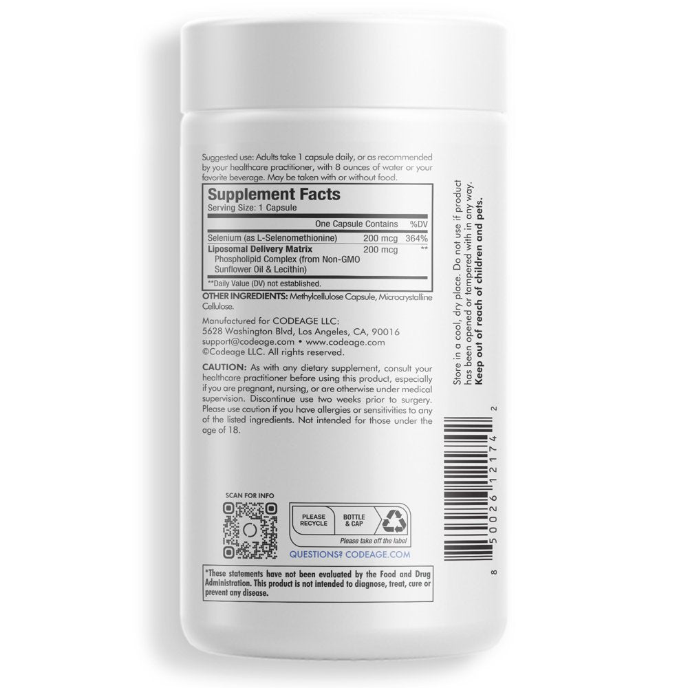 Codeage Liposomal Selenium Supplement, Trace Mineral Selenomethionine, 6-Month Supply, Vegan, 180 Ct