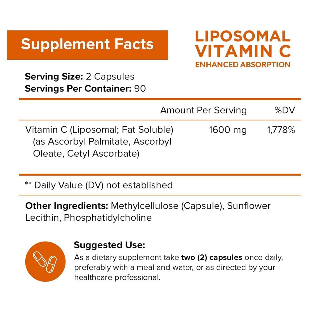 Nutriflair Liposomal Vitamin C 1600Mg, 180 Capsules - High Absorption, Fat Soluble VIT C, Antioxidant Supplement, Higher Bioavailability Immune System Support & Collagen Booster, Non-Gmo, Vegan Pills