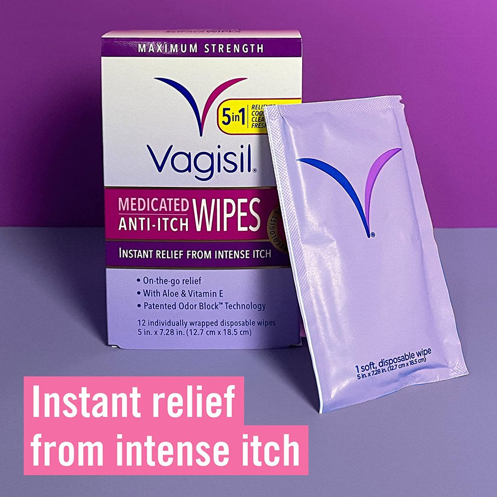 Vagisil Anti-Itch Medicated Wipes, Maximum Strength for Instant Relief, 12 Count, Unscented