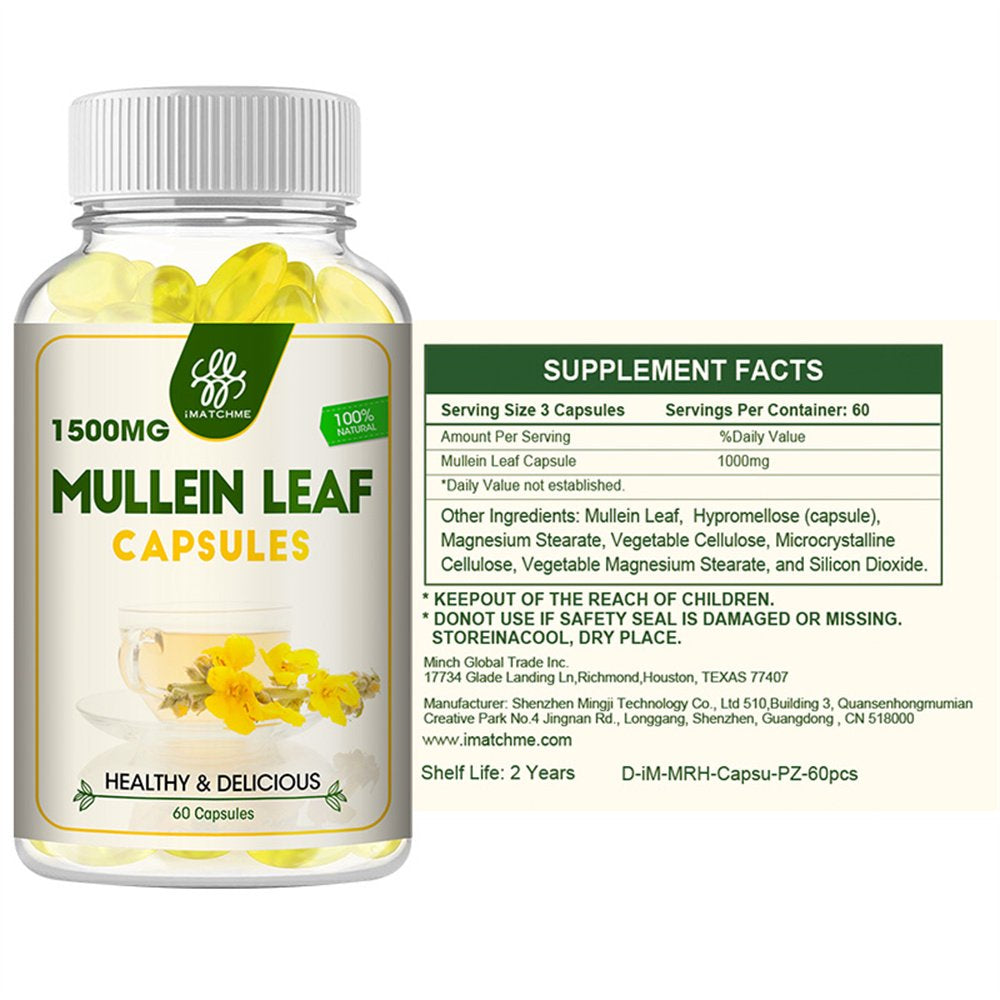 100% Natural Mullein Leaf Capsules Herbal Supplement 1500 Mg | 60 Capsules | Non-Gmo, Gluten Free | Lung Detox & Respiratory Health Support