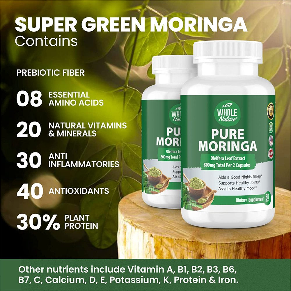 Moringa Capsules, 800Mg Organic Moringa Oleifera Leaves Powder Superfood Greens. Whole Nature'S Pure Moringa Pills Is a Vegan, Non-Gmo Energy Booster and Immune Support Supplement