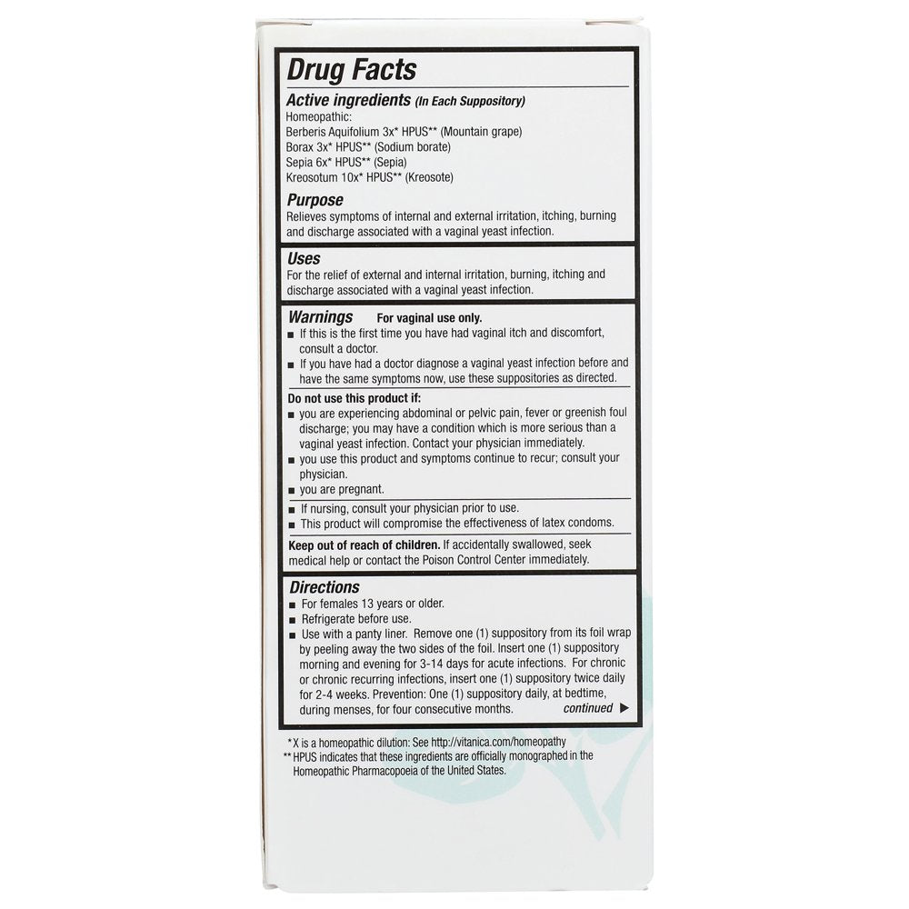 Vitanica Yeast Arrest, Homeopathic Vaginal Suppositories, for Yeast Infection Symptoms, Relieves Burning, Itching & Discharge, with Boric Acid, Tea Tree Oil & Probiotics, Vegan (Yeast Arrest, 28)