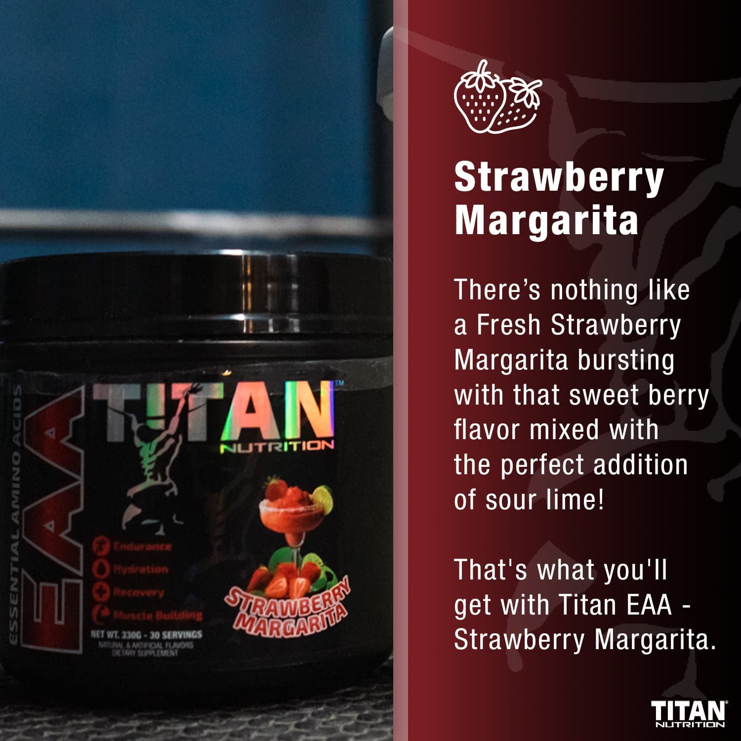 Titan EAA Essential Amino Acid & Hydration Supplement - Full Spectrum 2:1:1 BCAA Protein Blend - Muscle Tissue Repair, Recovery & Growth - Potassium, & Vitamin C - Strawberry Margarita, 30 Servings