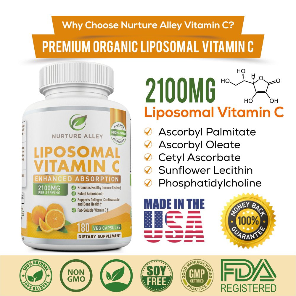 Nurture Alley Liposomal Vitamin C 2100Mg, 180 Capsules - High Absorption Ascorbic Acid, Fat Soluble Vit C, Antioxidant Supplement, Collagen Booster, Non-Gmo, Vegan Pills