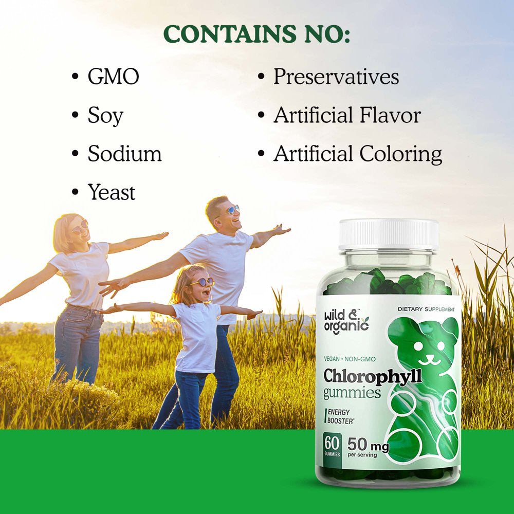 Wild & Organic Chlorophyll Gummies - Natural Energy Booster Chlorophyll Supplement, 60 Chews