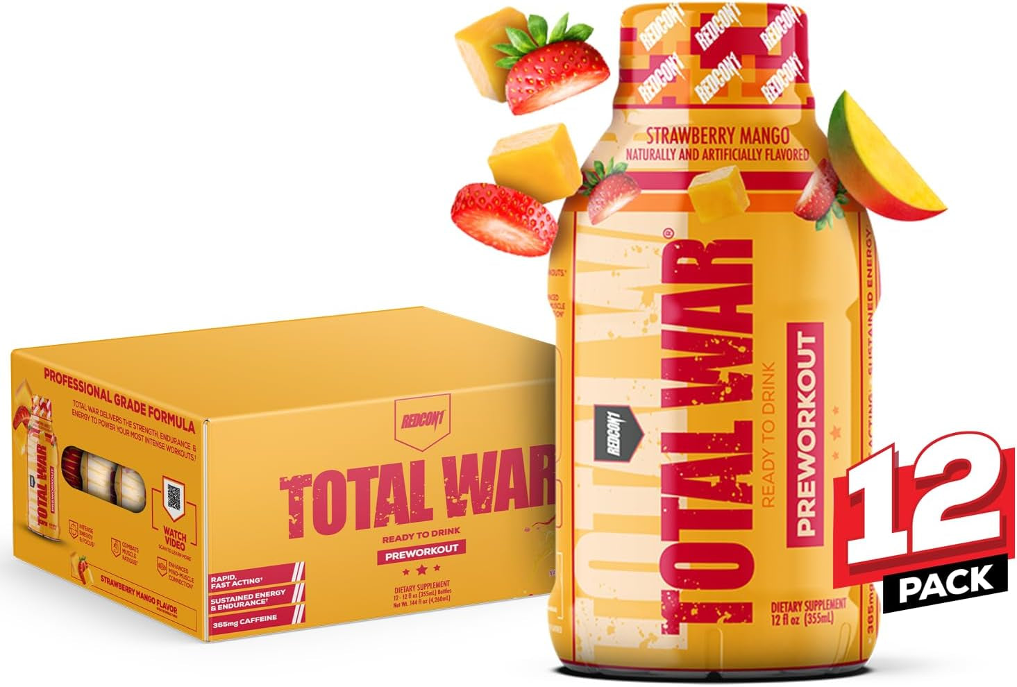 REDCON1 Total War Ready to Drink Pre Workout - Endurance Boosting, Keto Friendly RTD Formula - Amino Acid + Citrulline Malate Pre Workout Drink for Men & Women (Strawberry Mango, 12 Servings)