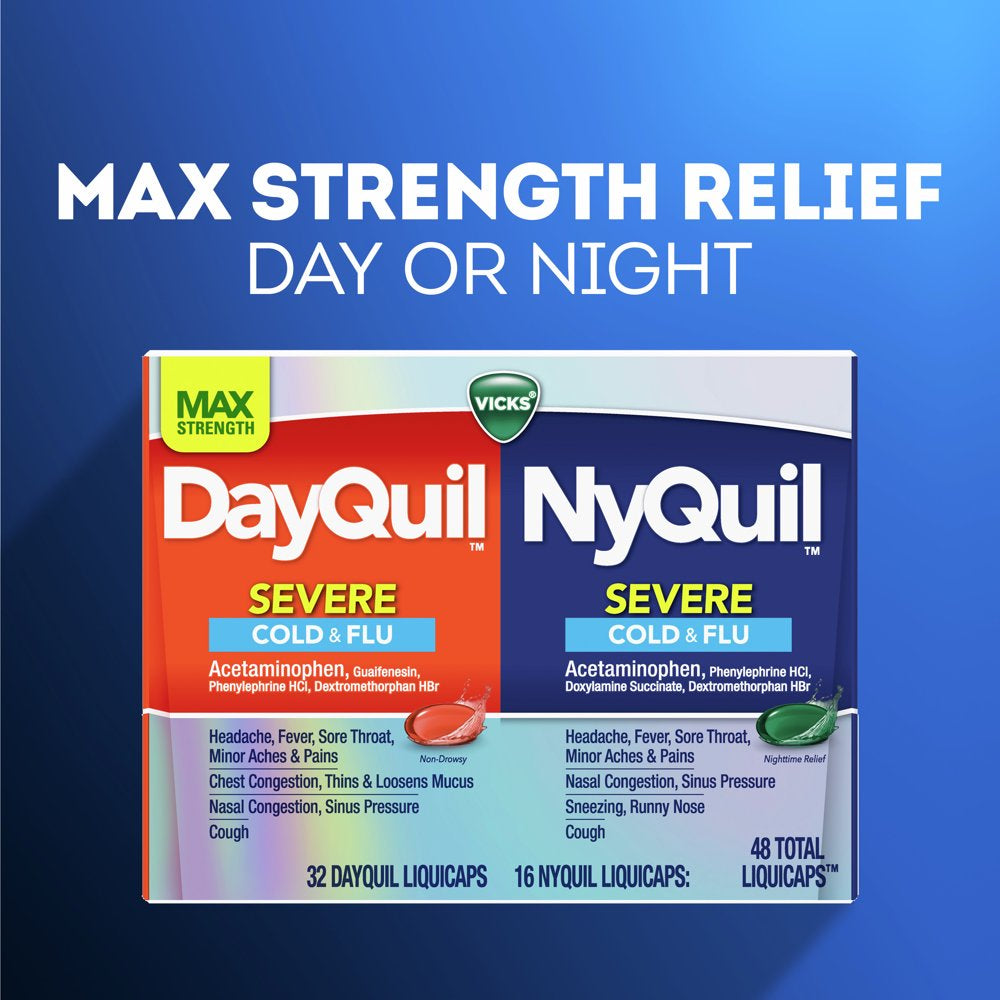 Vicks Dayquil & Nyquil Severe Liquicaps, Cough, Cold & Flu Relief, Over-The-Counter Medicine, 48 Ct