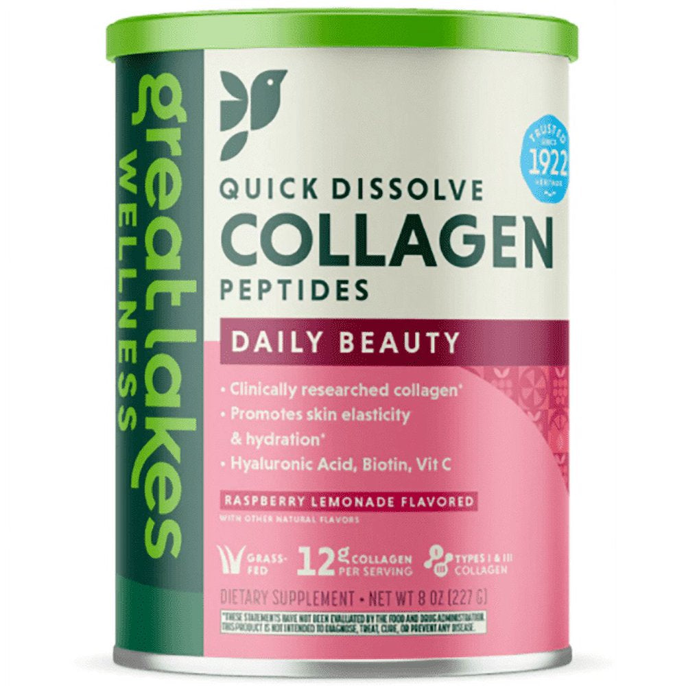 Great Lakes Quick Dissolve Collagen Peptides Daily Wellness Beauty Powder, Raspberry Lemonade (8 Oz)