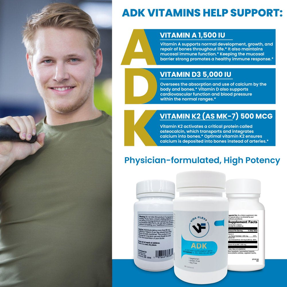 Vida Flex+ ADK Vitamin Supplement Vitamin a Vitamin D3 5000 IU & Vitamin K2 Powerful Trio to Support Bone Structure Heart Health Immune Function, 2-Month, One Daily Pill- 60 Vegetarian Capsules