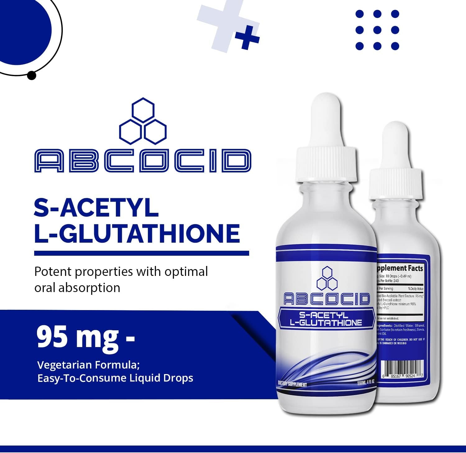 ABCOCID S-Acetyl L-Glutathione 95 Mg, 4 Oz Liquid, 240 Servings, Made in USA, Quick Absorption, Quality Potent Ingredients, Non-Gmo, GMP Certified, Cruelty-Free Products