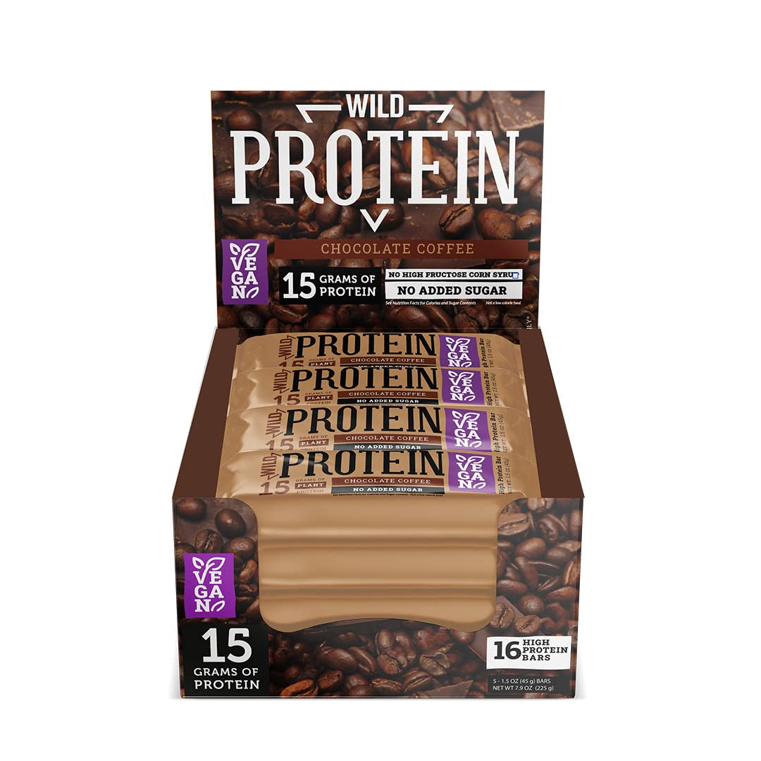 Wild Protein | High Protein Bars | Plant-Based | Chocolate Coffee | 16 Units | 15 G of Protein | No Added Sugars or Fat | 45 G per Bar