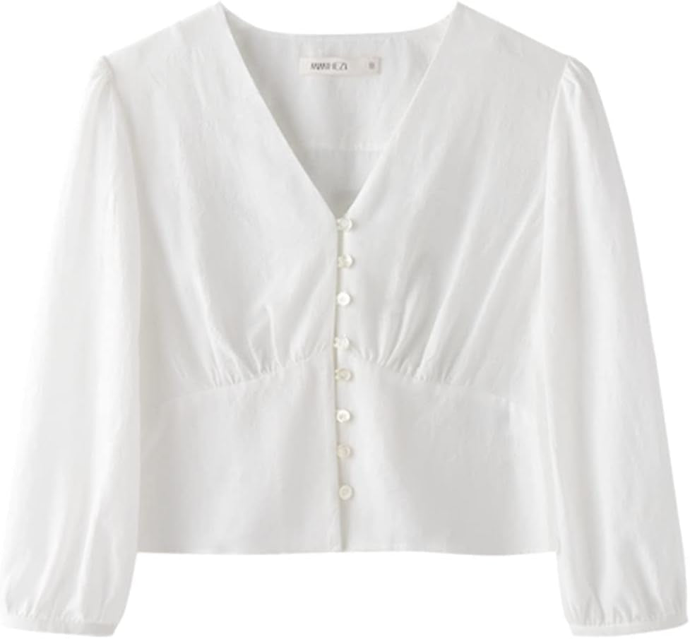 TOPOB Aroma Guidance Rose Fiber Comes with Fragrance French Bloom, Thin V -Neck Seven -Point Sleeve Shirt (Color : White, Size : Small)