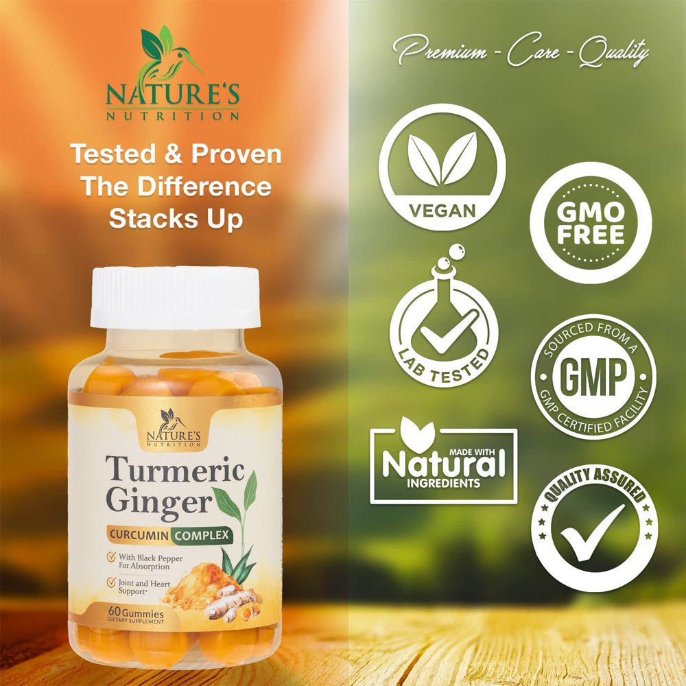 Turmeric Ginger Gummies - Vegan Turmeric Curcumin Gummy with 95% Curcuminoids - Black Pepper for Max Absorption, Premium Joint Support Supplement, Nature'S Tumeric Extract, Peach Flavor - 60 Gummies