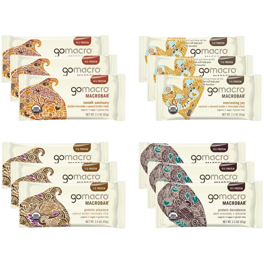 Gomacro Macrobar Organic Vegan Protein Bars Variety Pack - 2.3 Ounce Bars (12-Pack)