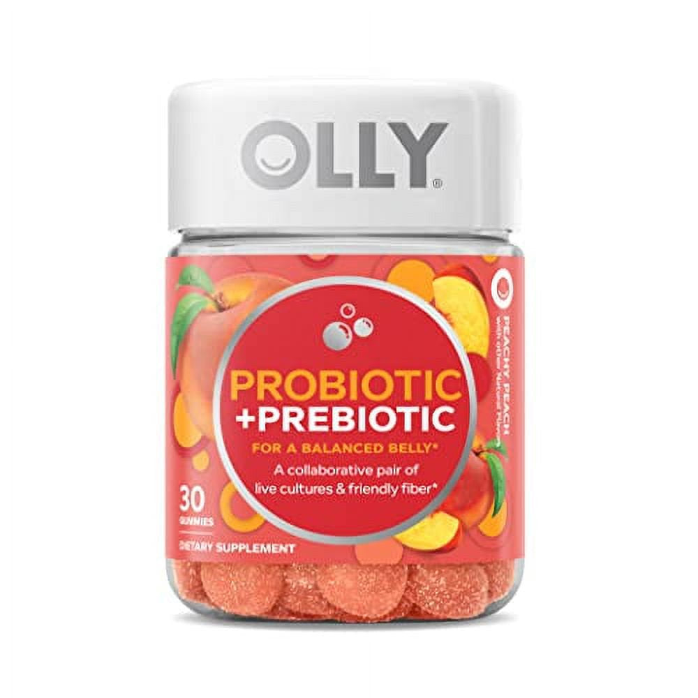 OLLY Probiotic + Prebiotic Gummy, Digestive Support and Gut Health, 500 Million Cfus, Fiber, Adult Chewable Supplement for Men and Women, Peach, 30 Day Supply - 30 Count