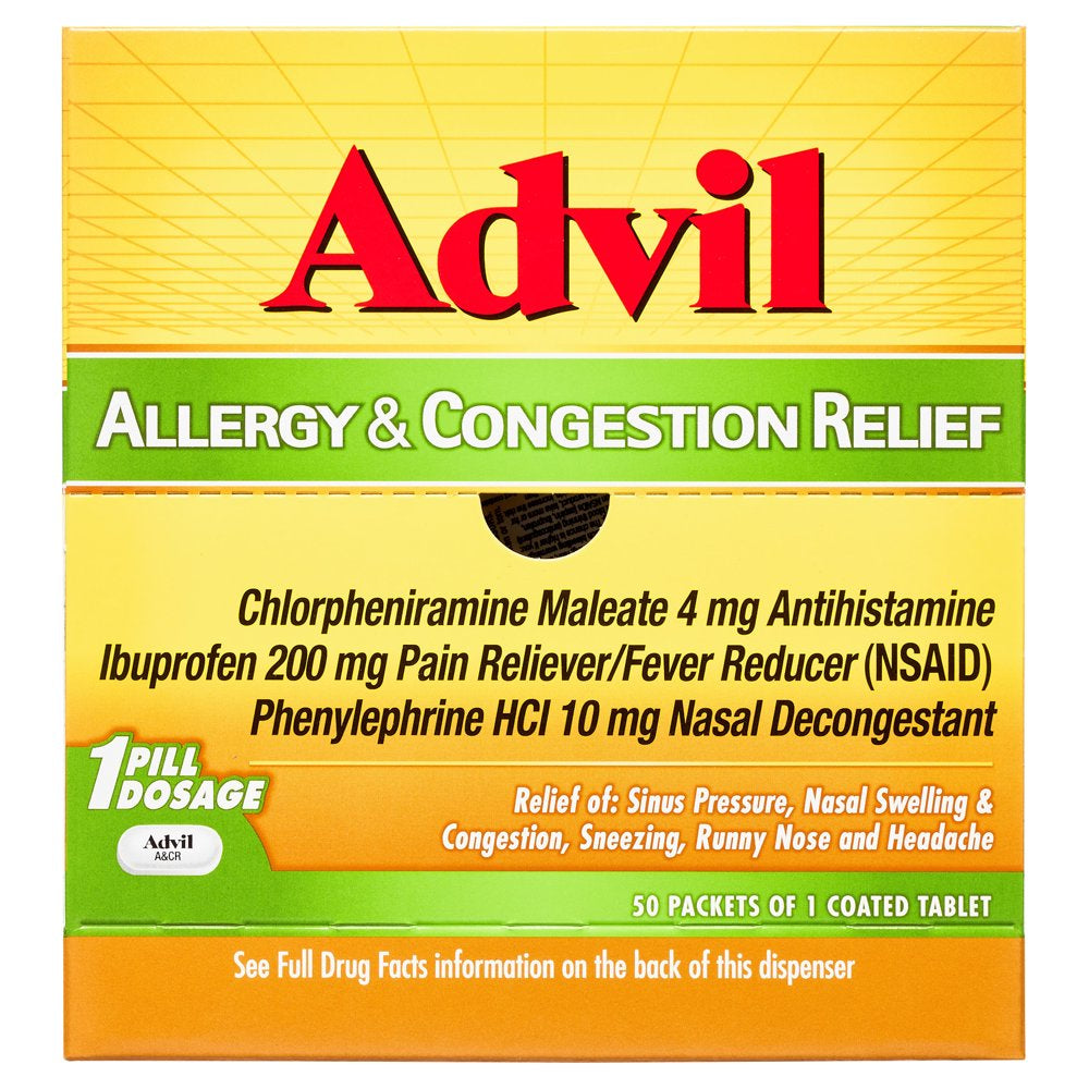 Advil Allergy and Congestion Relief Pain and Headache Reliever Ibuprofen, Coated Tablets, 50 Count