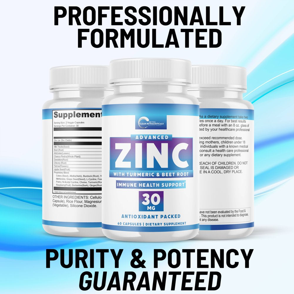 Zinc 30Mg [Triple Potency] Supplement - Immune Support System from Natural Zinc Oxide, Turmeric & Beet Root, 120 Capsules