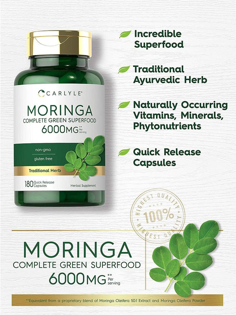 Moringa Oleifera | 6000 Mg | 180 Powder Capsules | by Carlyle