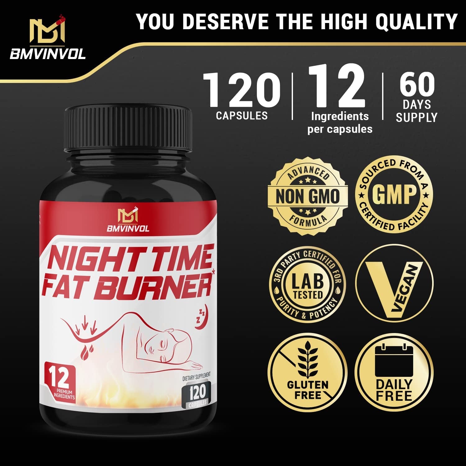 BMVINVOL Night Time Fat Burner 120Capsules, 12-In-1 Powerful Blend of Green Tea, Ceylon Cinnamon, Green Coffee Bean, Garcinia Cambogia, White Kidney Bean, Lemon Balm, Passion Flower