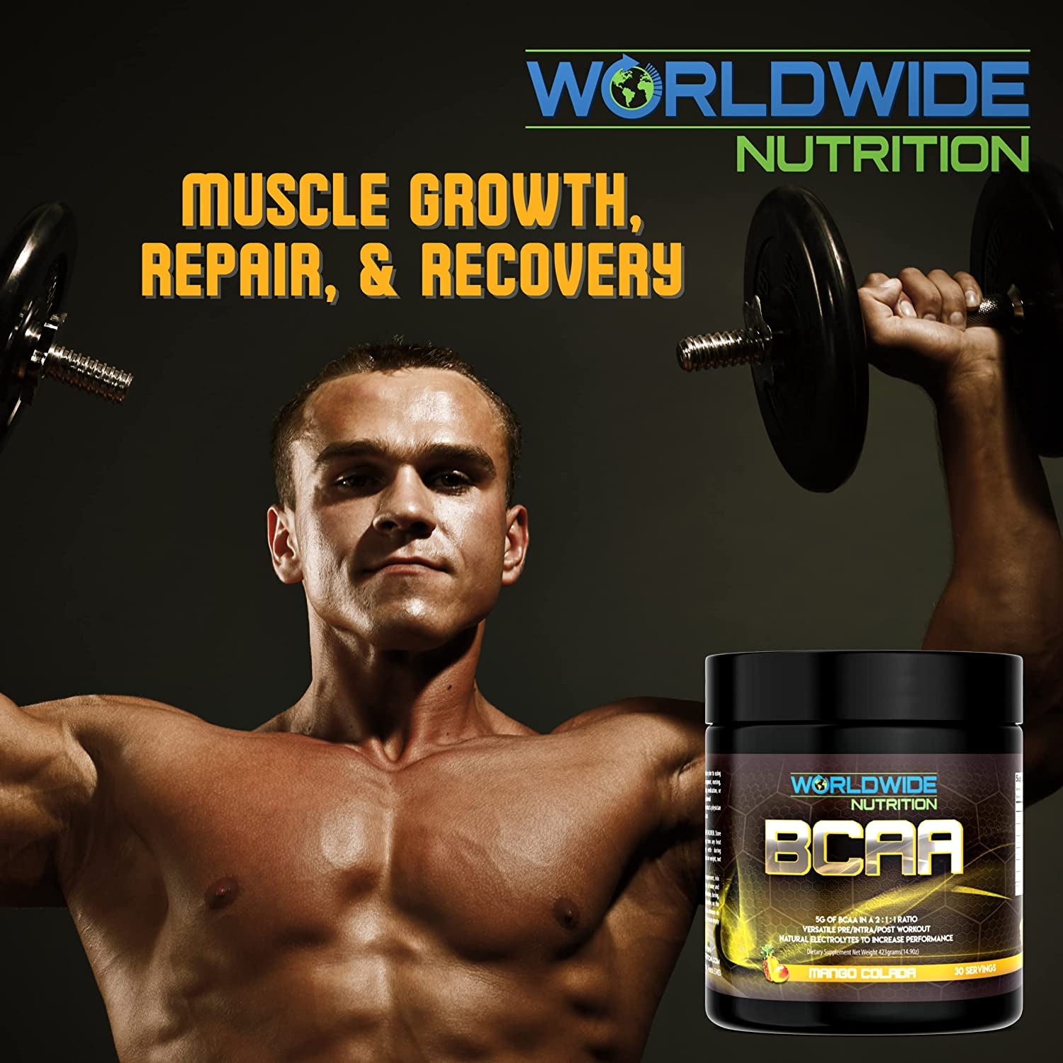 Worldwide Nutrition BCAA Powder - Branched Chain Amino Acids - Pre Intra Post Workout Supplement for Men and Women - Natural Electrolytes Powder for BCAA Energy - Mango Colada - 30 Servings