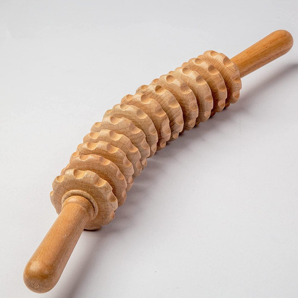 Wooden Curved Massager Handheld Roller Stick, 12 Rollers Trigger Point Manual Body Therapy Massager for Fascia, Cellulite, Muscle & Lymphatic Drainage, Muscle Belly Waist Relief Tool