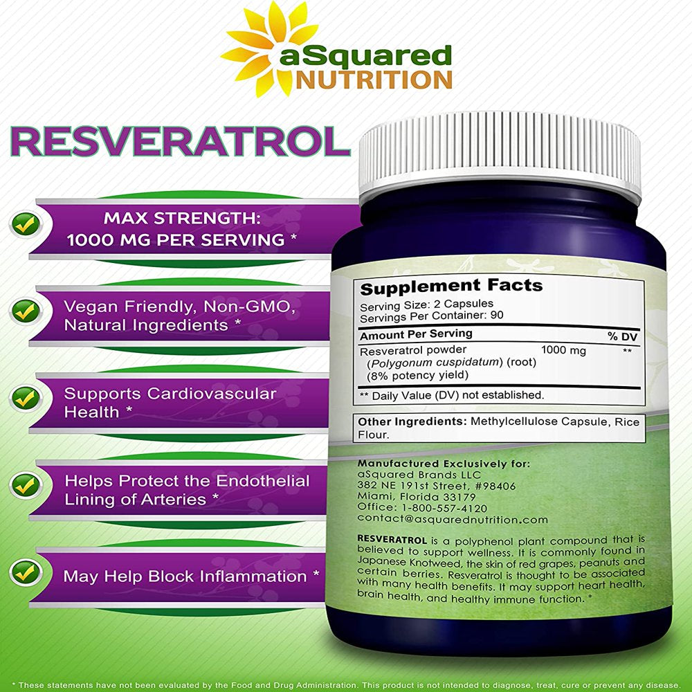 100% Natural Resveratrol - 1000Mg per Serving Max Strength (180 Capsules) Antioxidant Supplement, Trans-Resveratrol Pills for Heart Health & Pure Weight Loss, Trans Resveratrol for Anti-Aging