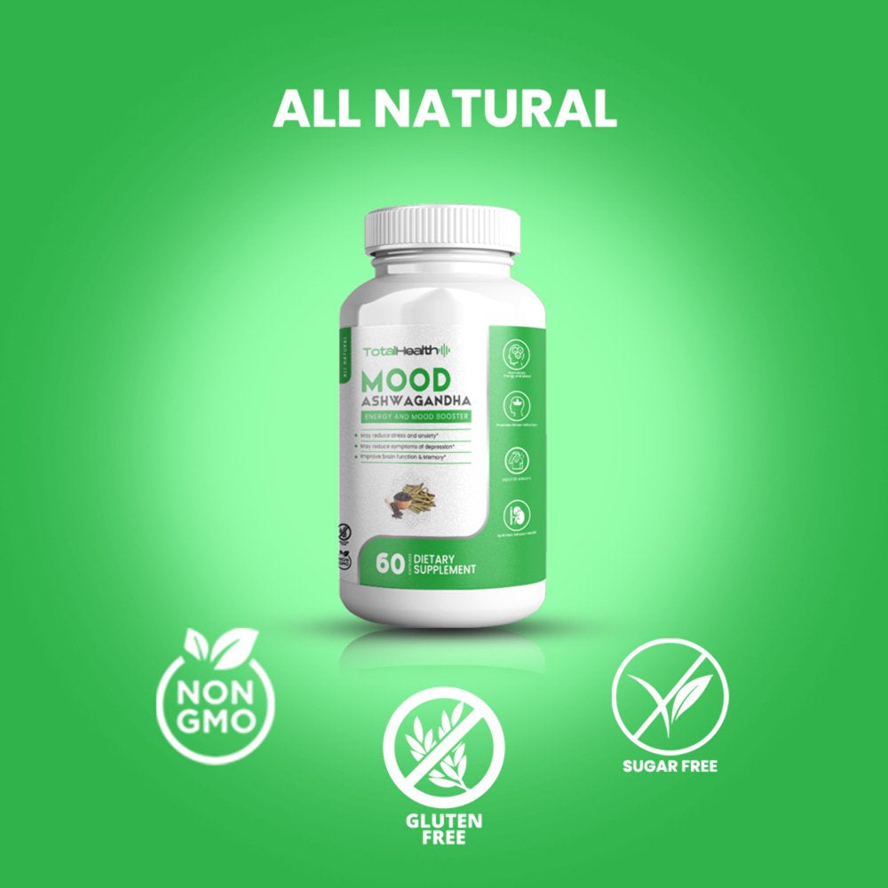 Total Health Organic Ashwagandha 1300Mg Supplements | Mood Adrenal Support, Stress Anxiety Relief Pills | 60 Vegan Capsules