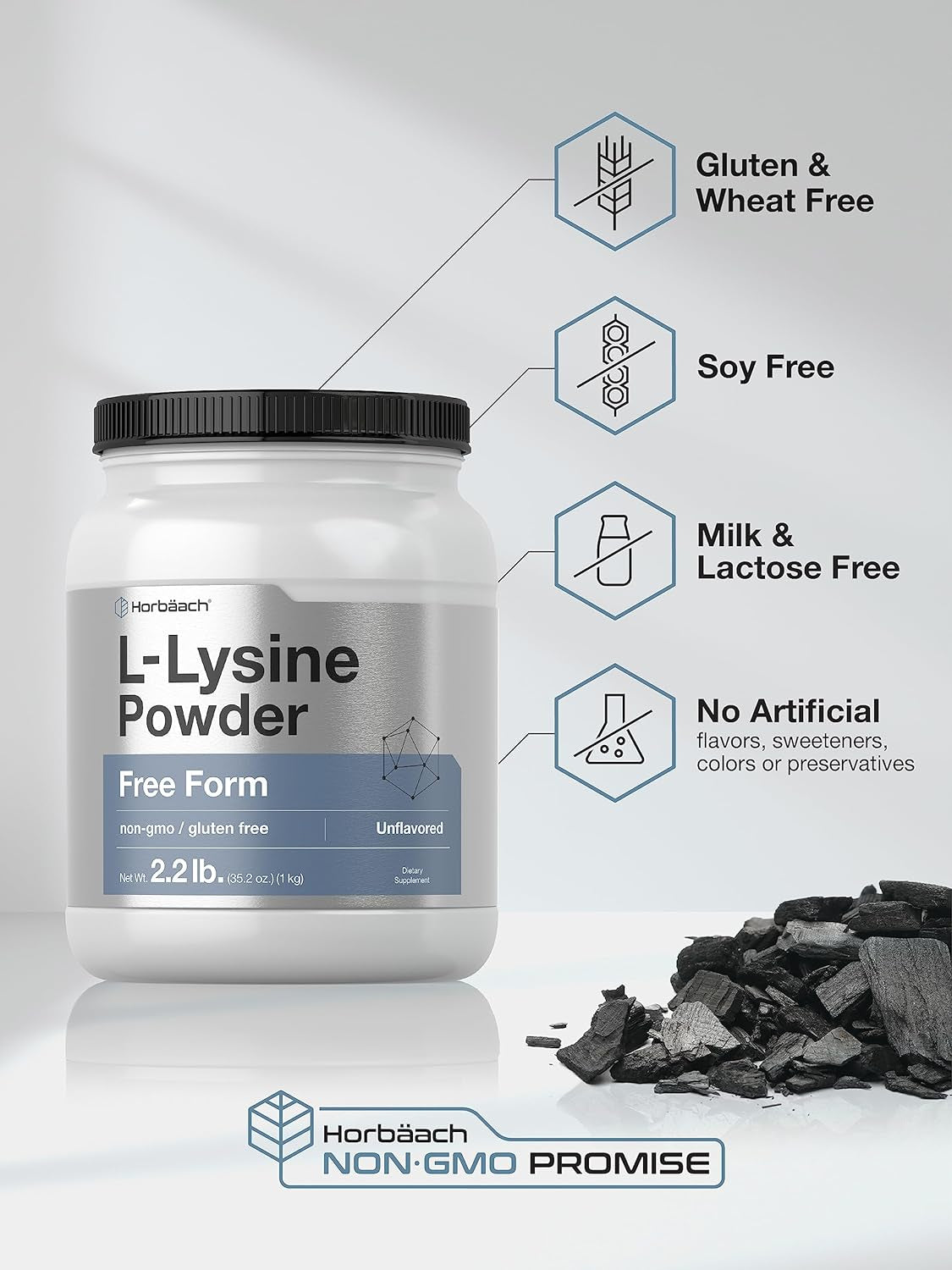 L-Lysine Powder | 2.2 Lbs | Unflavored Free Form Supplement | Vegetarian, Non-Gmo, Gluten Free Formula | by Horbaach