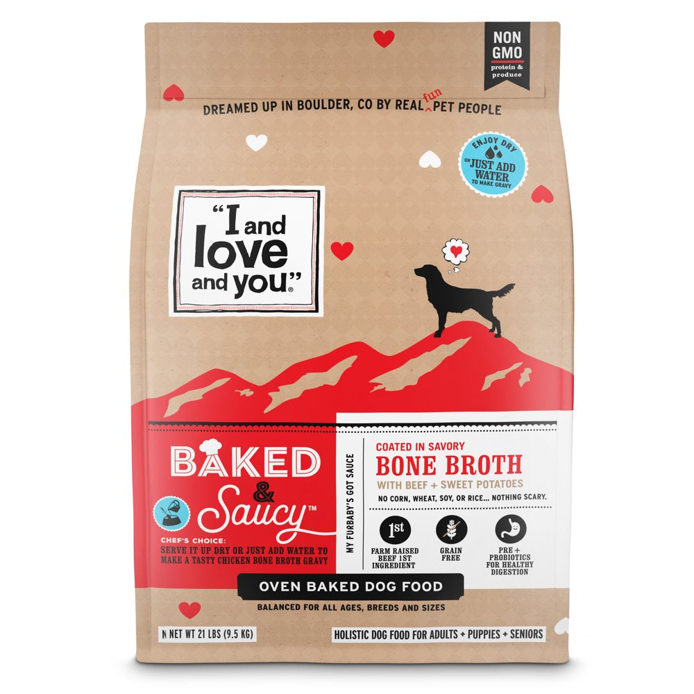 "I and Love and You" Baked and Saucy Dry Dog Food with Gravy Coating, Beef and Sweet Potato Recipe, Grain Free, Coated in Bone Broth, Prebiotics and Probiotics, Real Meat, No Fillers, 10.5 Lb Bag