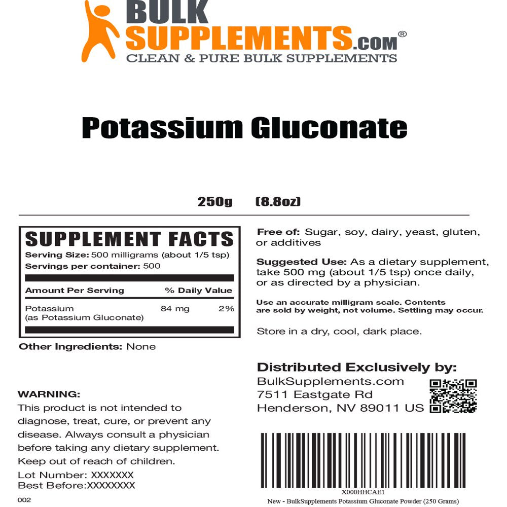 Bulksupplements.Com Potassium Gluconate Powder - Potassium Supplement - Potassium Powder - Vegan Potassium - Potassium Vitamins (250 Grams)