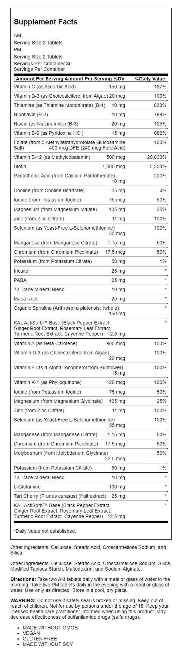 KAL Men'S Multivitamin AM/PM, Antioxidants Supplement, Muscle, Immune, Electrolyte Balance, Overall Wellness Support, Made without Gmos and Soy, Vegan, 30 Servings, 120 Tablets