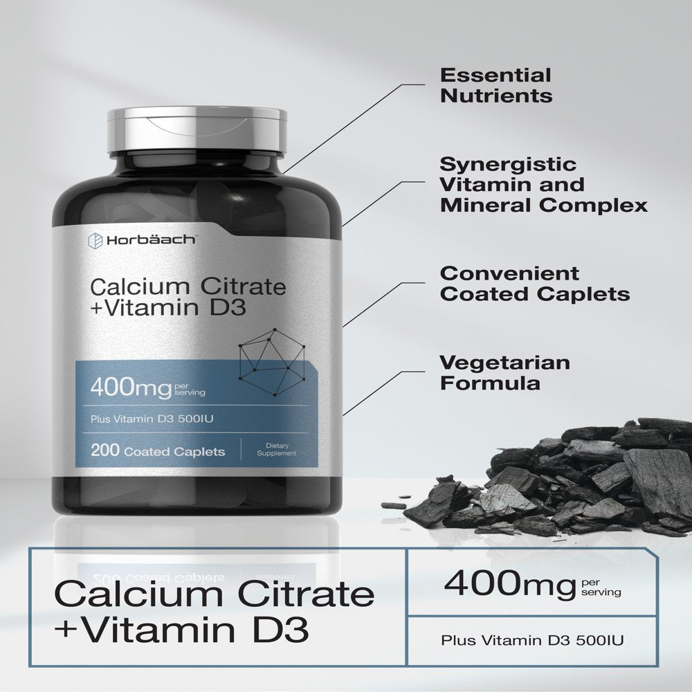 Calcium Citrate & Vitamin D3 | 200 Caplets | Vegetarian Formula | by Horbaach