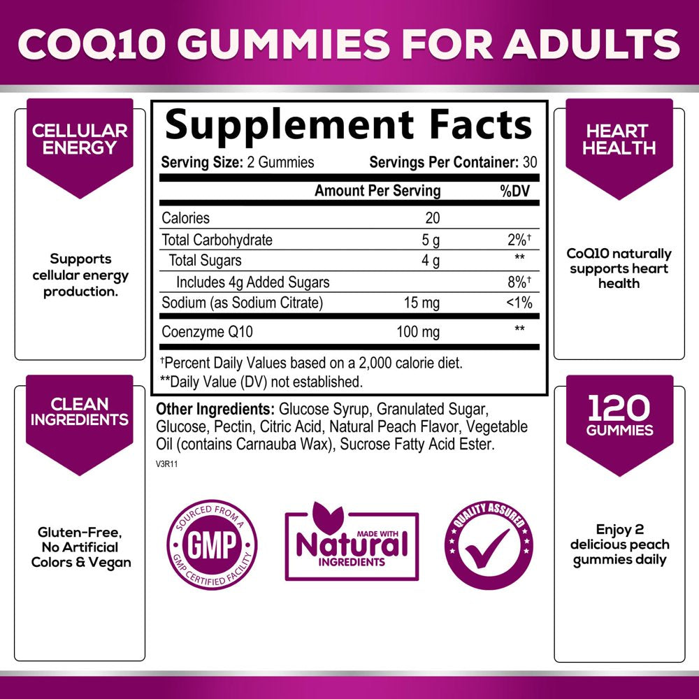 Coq10 Gummies, Coq10 100 Mg Supplement for Heart Health Support & Cellular Energy Production - Gluten Free Vegan & Non-Gmo Antioxidant with Max Absorption Coenzyme Q10 Gummy Supplements - 60 Gummies