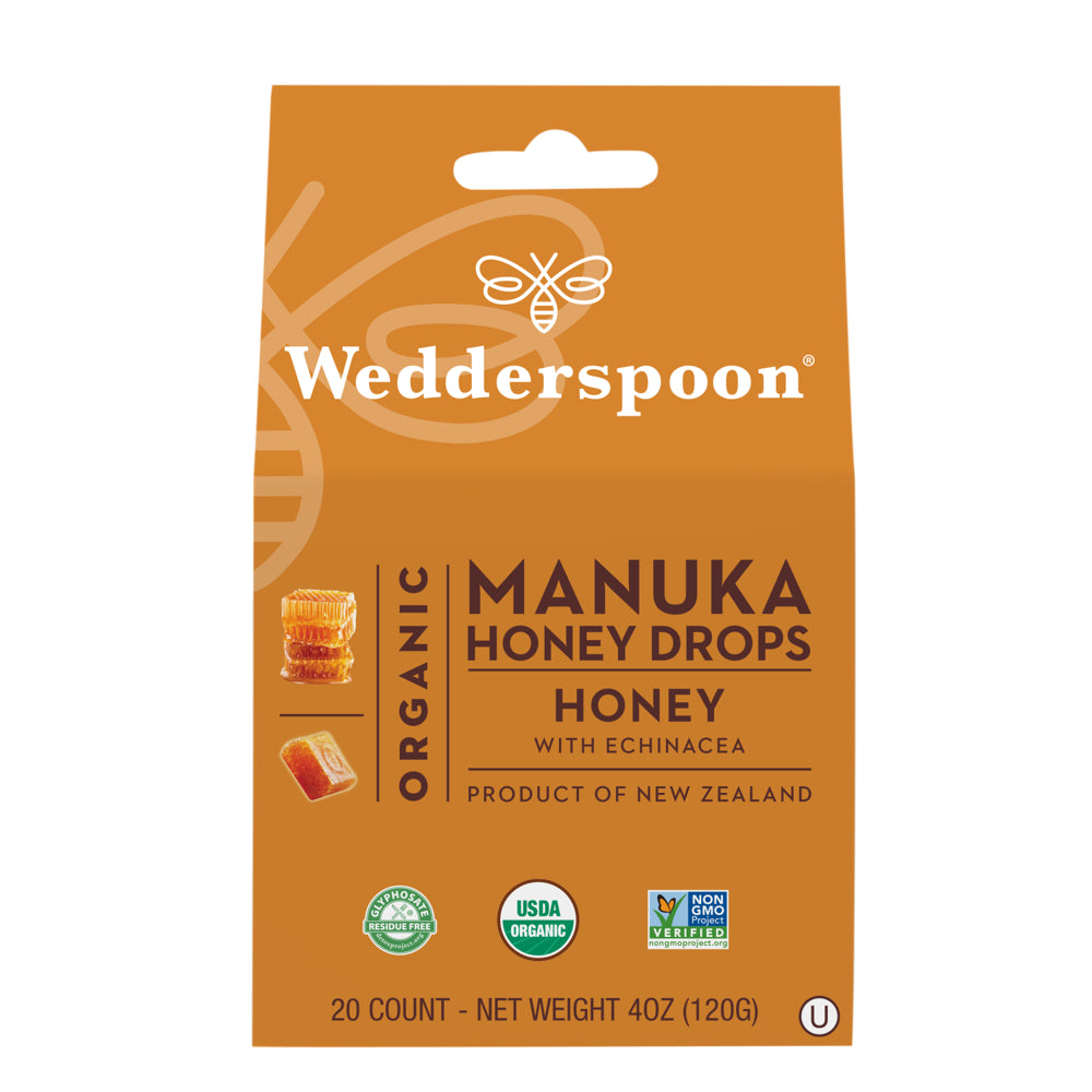 Wedderspoon Organic Manuka Honey Drops, Honey with Echinacea, 20 CT - Soothing Throat Drops