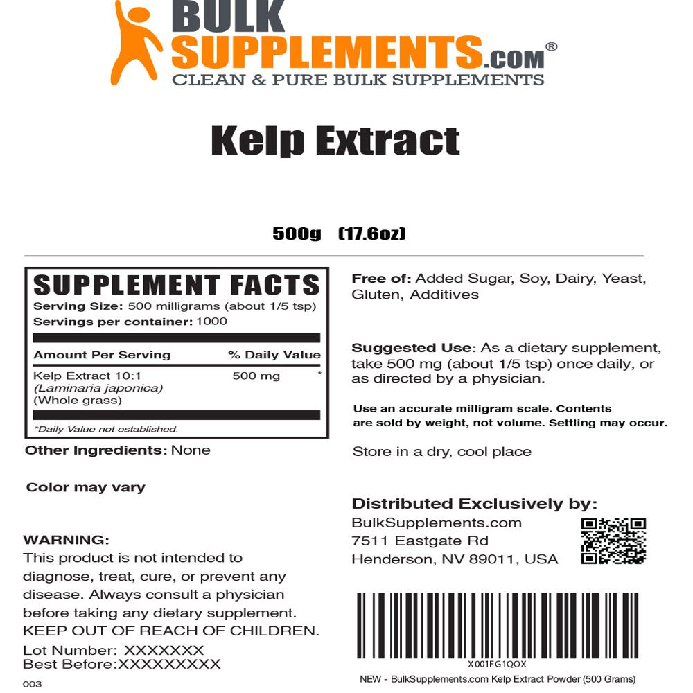 Bulksupplements.Com Kelp Extract (Seaweed) Powder - Sea Kelp Supplements - Sea Moss Powder - Seaweed Extract - Algae for Skin (500 Grams)