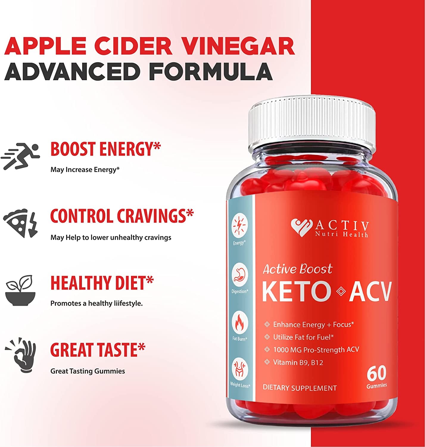 Activ Keto ACV Gummies, Active Boost Keto Gummies, Vegan Formula, 1000Mg, Activ Keto Act Gummies, Activ Boost Keto ACV, Active Boost Keto ACV Gummies with Apple Cider Vinegar, Vitamin B (60 Gummies)