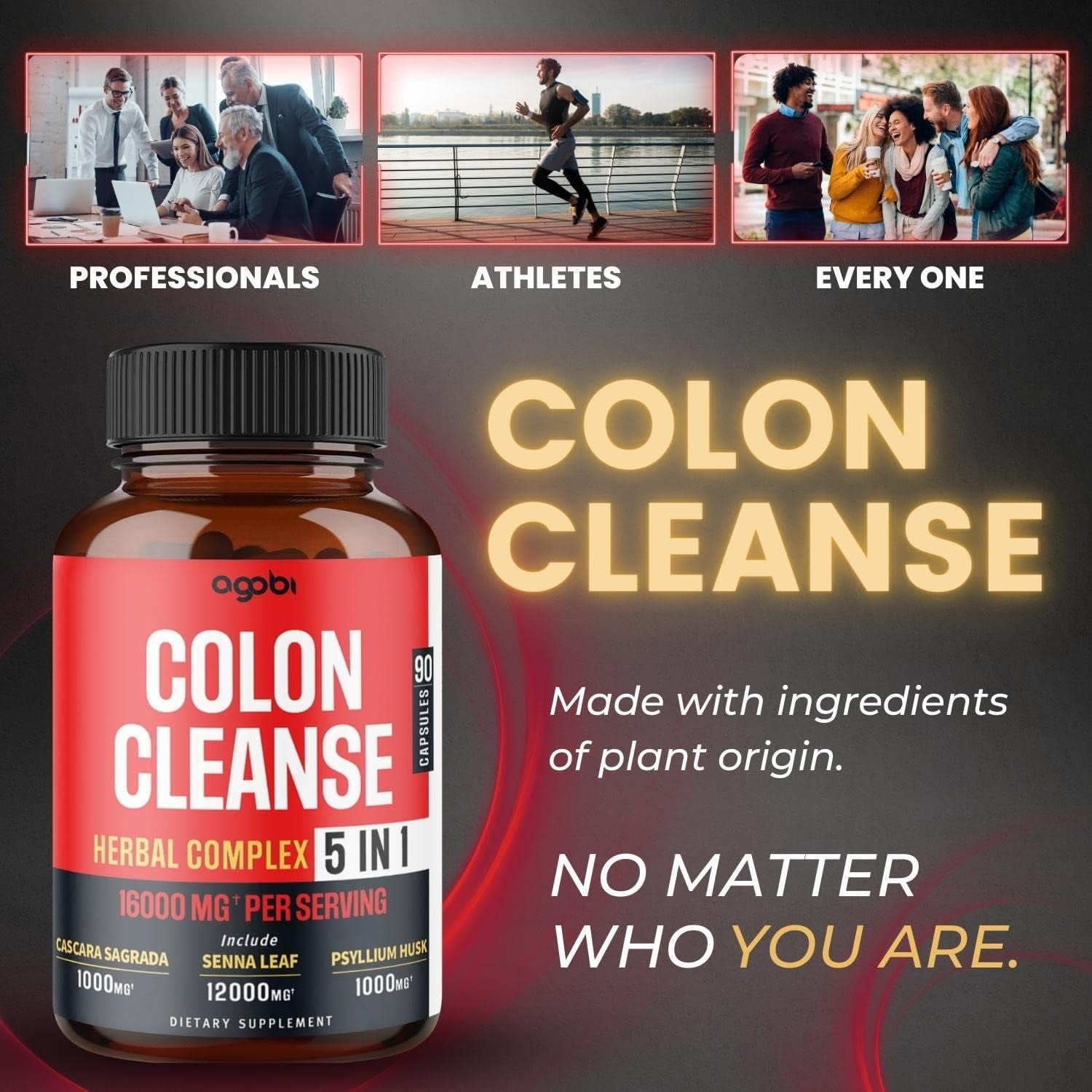 Colon Cleanse Support Supplement - 5In1 Formula 16000Mg with Senna Leaf, Cascara Sagrada Bark, Psyllium Husk, Flaxseed & Aloe Vera Gel - Gluten-Free, Non-Gmo - 90 Vegan Capsules