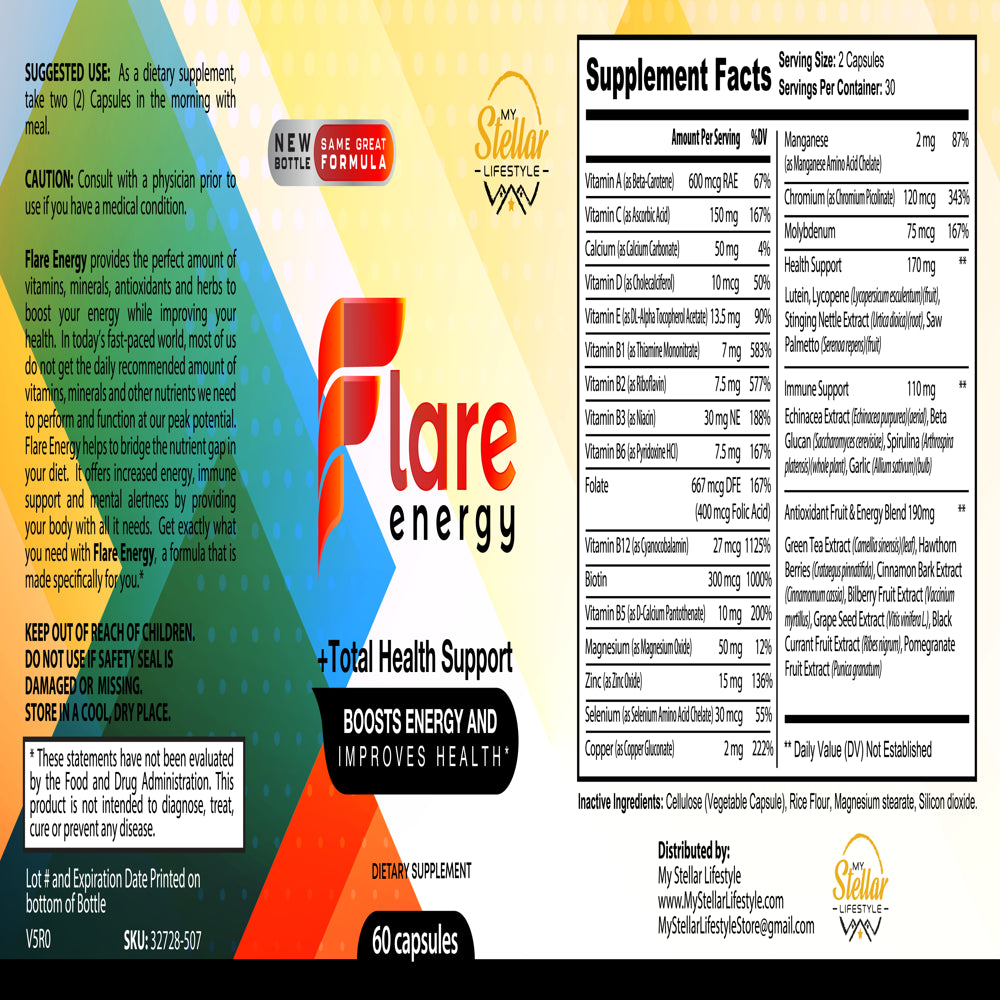 5 Pack Flare Energy, Total Health Support and Boosts Energy-60 Capsules X5