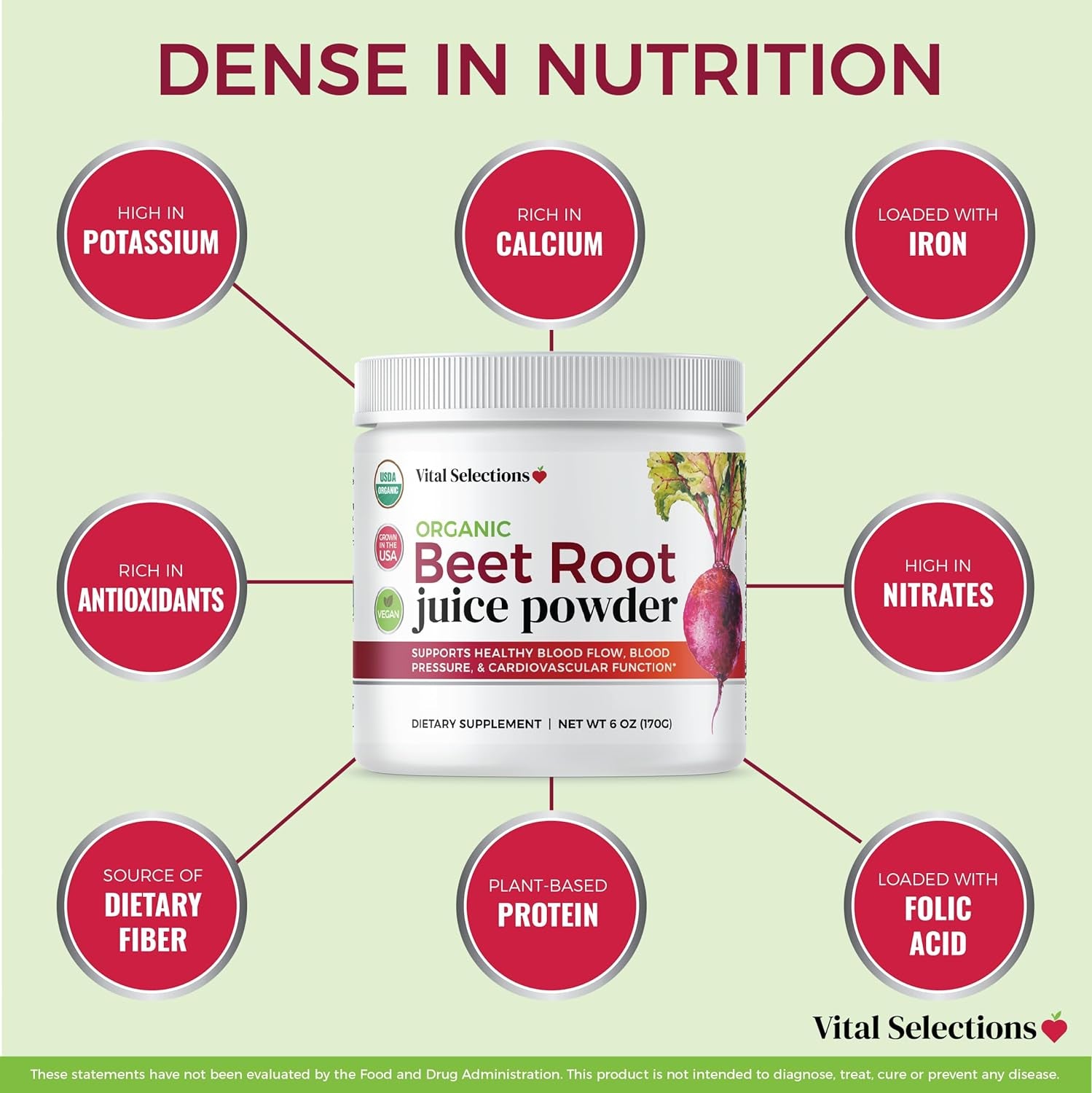 Vital Selections 100% Organic Beet Root Juice Powder, Highest Purity and Potency, USA Grown, Superior Beet Drying Technology, Maximum Nitric Oxide Boost for Cardio Support and Athletic Performance