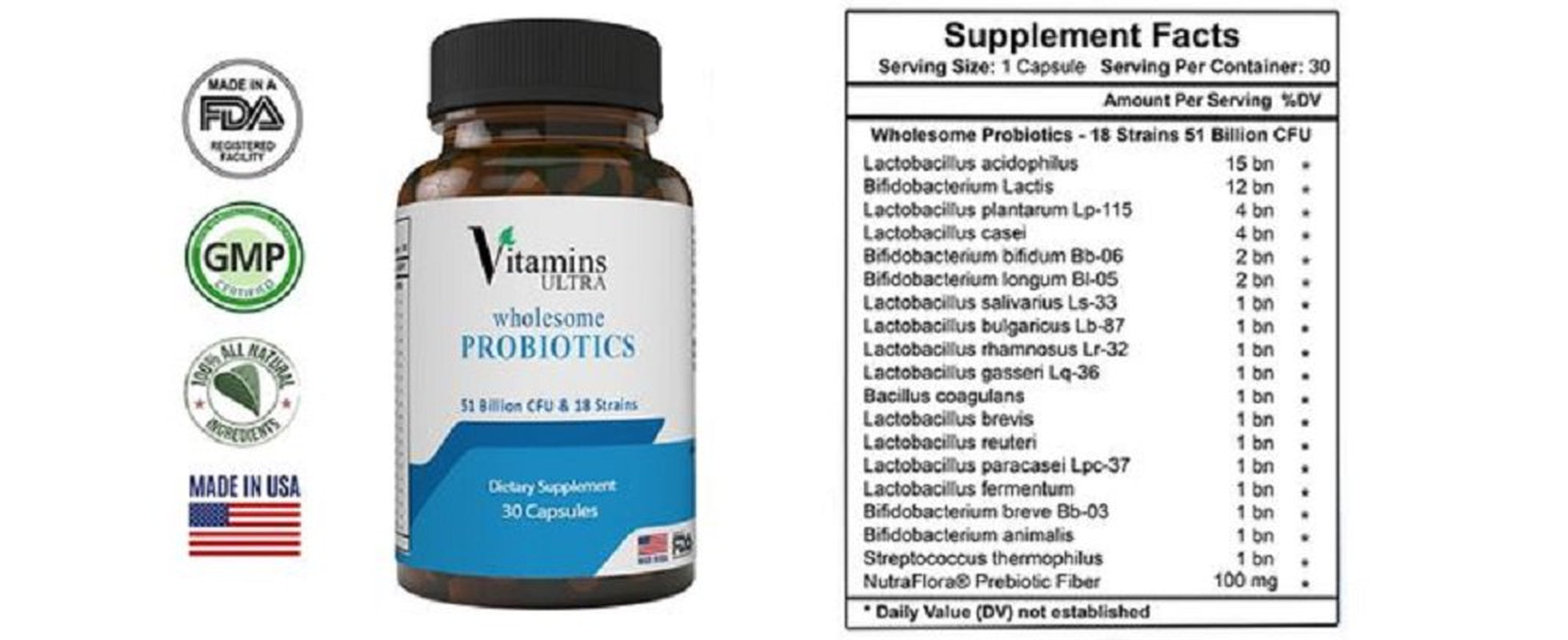 Vitamins Ultra Wholesome Probiotics 51 Billion CFU and 18 Strains for Women Men