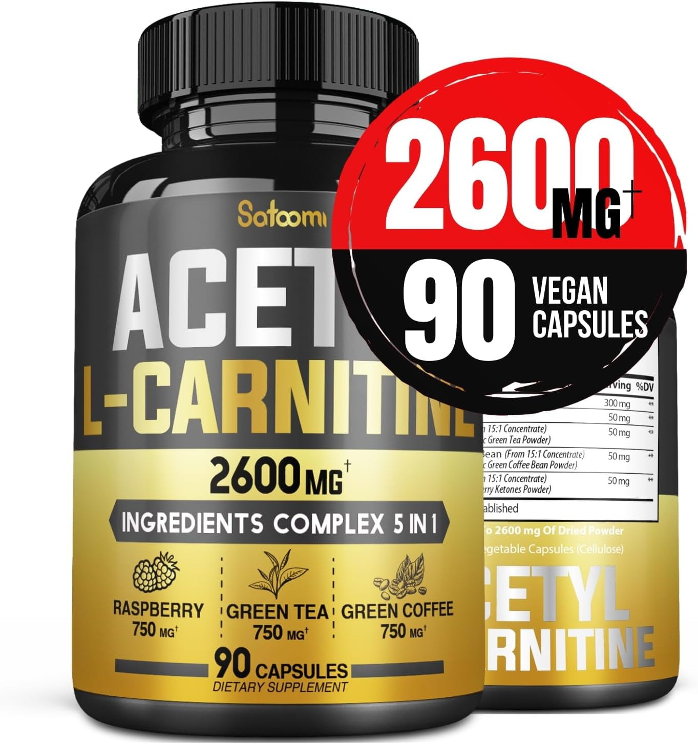 5In1 Acetyl L-Carnitine Complex Capsules - 2600Mg Daily - Body, Brain & Immune Health Support - Combined Alpha Lipoic Acid, Green Tea, Green Coffee Bean & Raspberry Ketones - 90 Counts for 3 Month