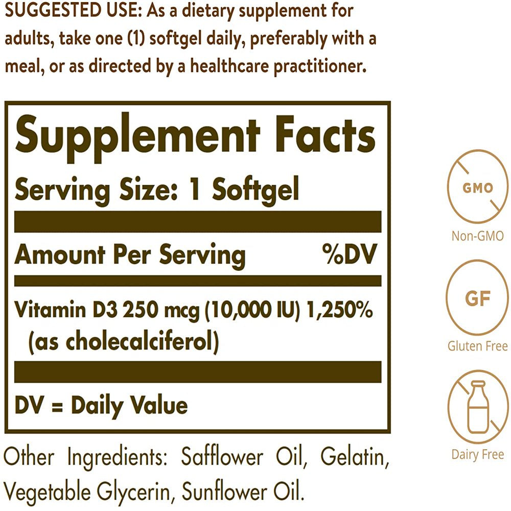 Solgar Vitamin D3 Cholecalciferol 10000 IU, 120 Softgels-2 Pack