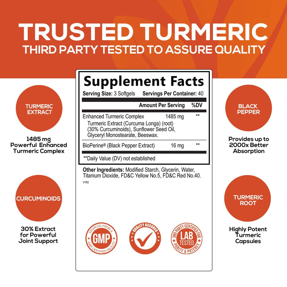 Turmeric Curcumin with Bioperine 95% Standardized Curcuminoids 1500Mg Black Pepper Extract for Max Absorption, Premium Joint Support, Nature'S Tumeric Herbal Supplement, Non-Gmo, Vegan - 120 Capsules