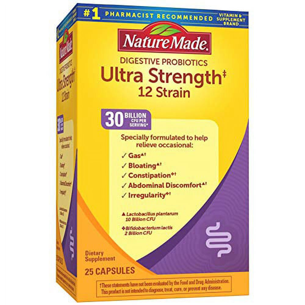 Nature Made Ultra Strength 12 Strain Digestive Probiotics, Dietary Supplement for Digestive Health Support, 25 Probiotic Capsules, 25 Day Supply