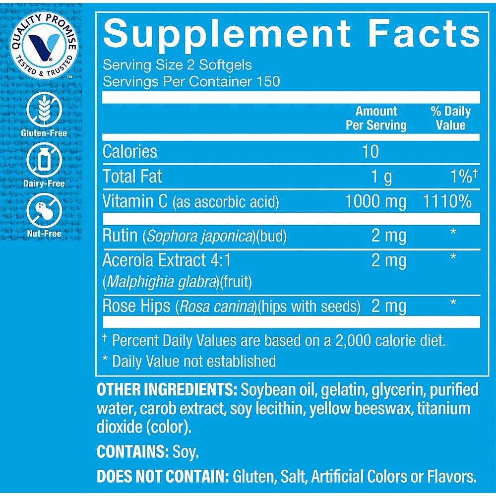 The Vitamin Shoppe Vitamin C 1,000MG, Easy to Swallow, Antioxidant That Supports Immune and Cardiovascular Health (300 Softgels)