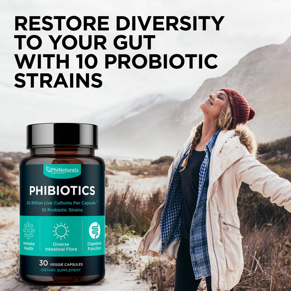 Probiotics 1030 Supplement - Probiotics Supplement with 30 Billion Cfus of High Strength Probiotic for Digestive Health with 10 Strains of Acidophilus and Bifidobacterium by Phi Naturals